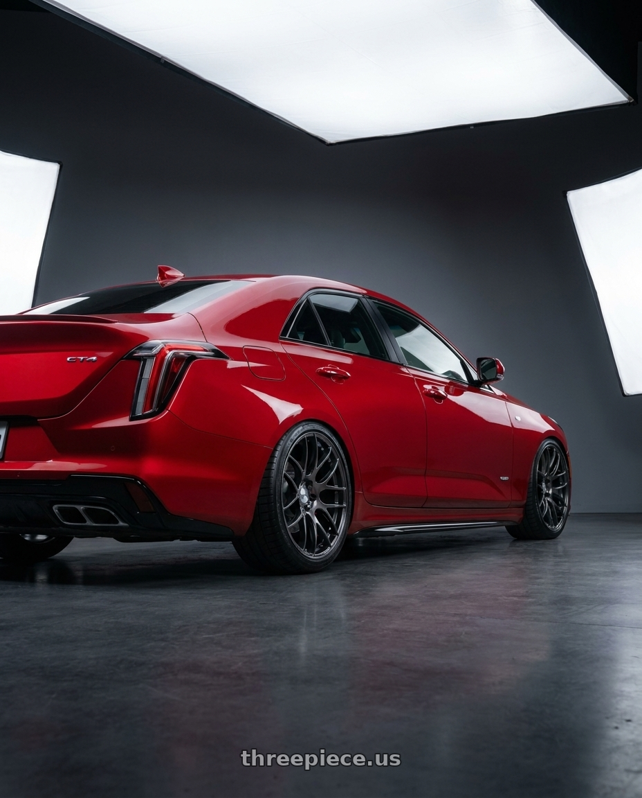 2021 CT4 SPORT with Work Emotion m8r 5x100 18x9.5 +38 Glim Black wheels rear three quarter view slight stretch tires