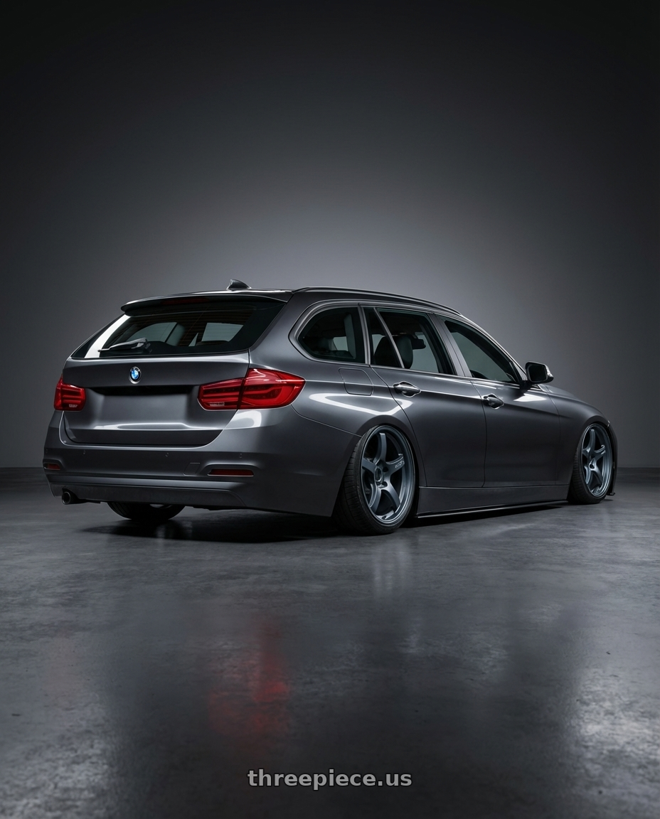 2016 BMW 3 Series F30 with Gram Lights 57CR 5x120 19x9.5+35 Gunblue II wheels rear three quarter view slight stretch tires