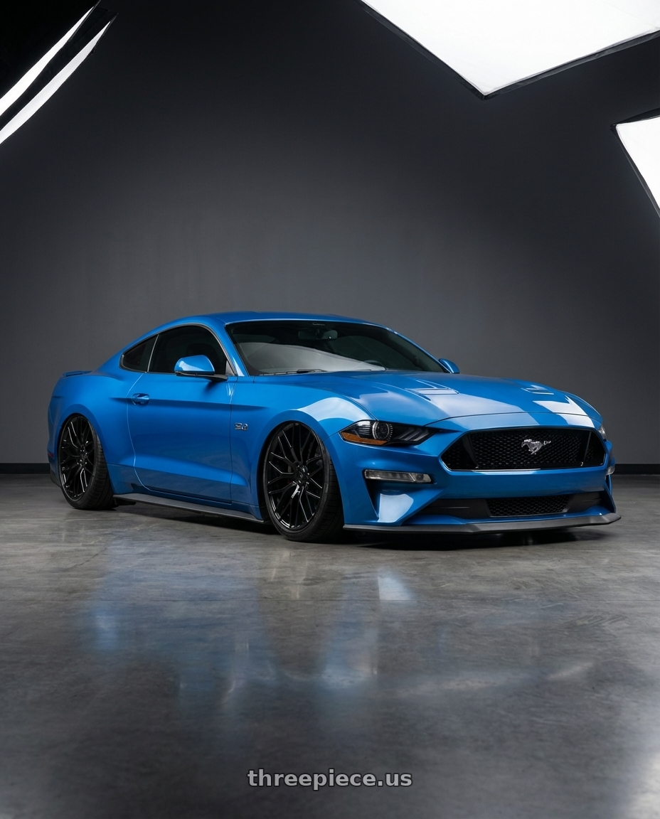 2022 Ford Mustang GT with Avant Garde Wheels M520R 5X114.3 20x10 +35 Gloss Black wheels front three quarter view stanced stance