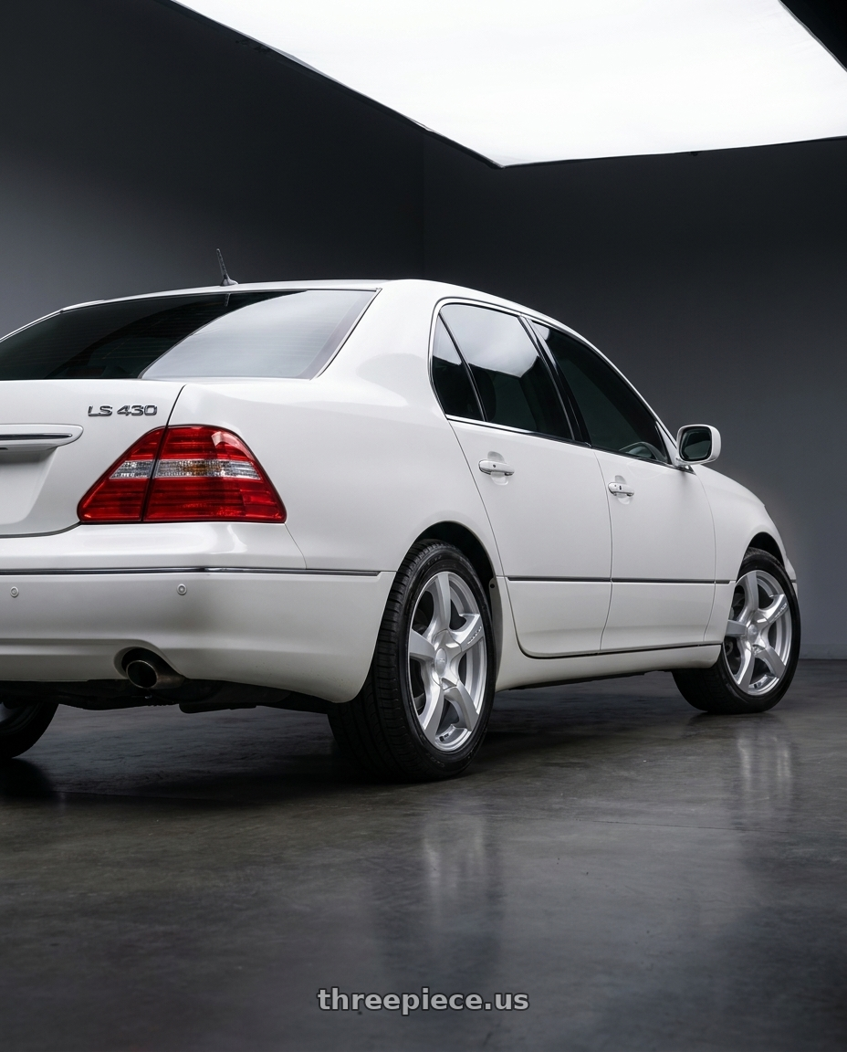 2004 Lexus LS 430 with TOUREN TR9 3190 5x108/5x114.3 18x8 +40 GLOSS HYPER SILVER wheels rear three quarter view square tires