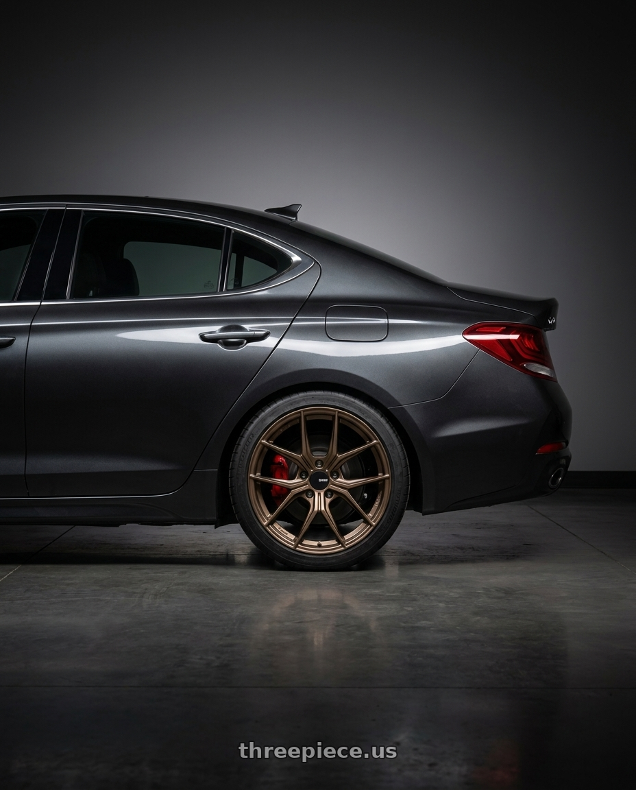 2019 Genesis G70 with Enkei TSR-X 5x114.3 18x8.5+38 Gloss Bronze wheels rear three quarter view slight stretch tires