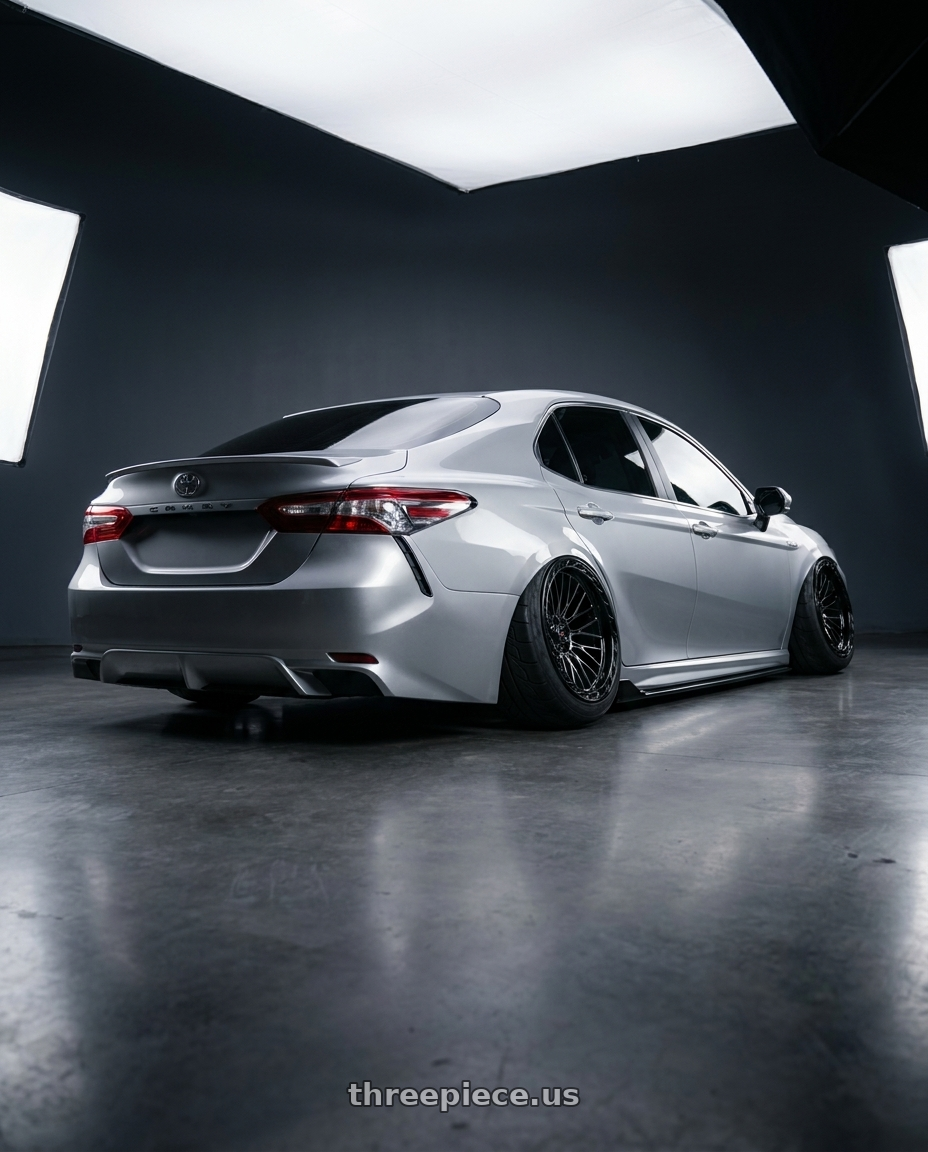 2026 Toyota Camry with Vortek VRP-502 5x127/5x139.7 20x10 -18 Black Diamond Cut With Dark Tint wheels rear three quarter view excessive tires