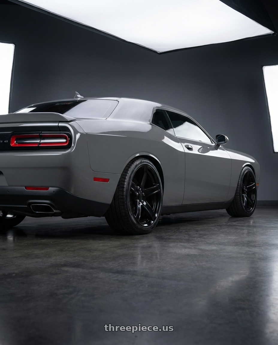 2021 Dodge Challenger SXT with OE Wheels DG22 5x115 20x9.5+18 Satin Black wheels rear three quarter view square tires