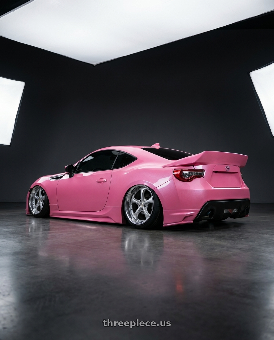 2018 Toyota 86 with Work Wheels VS-KF 5x100 18x9.5+35 Light Grey Silver L Disk FULL REVERSE wheels rear three quarter view square tires
