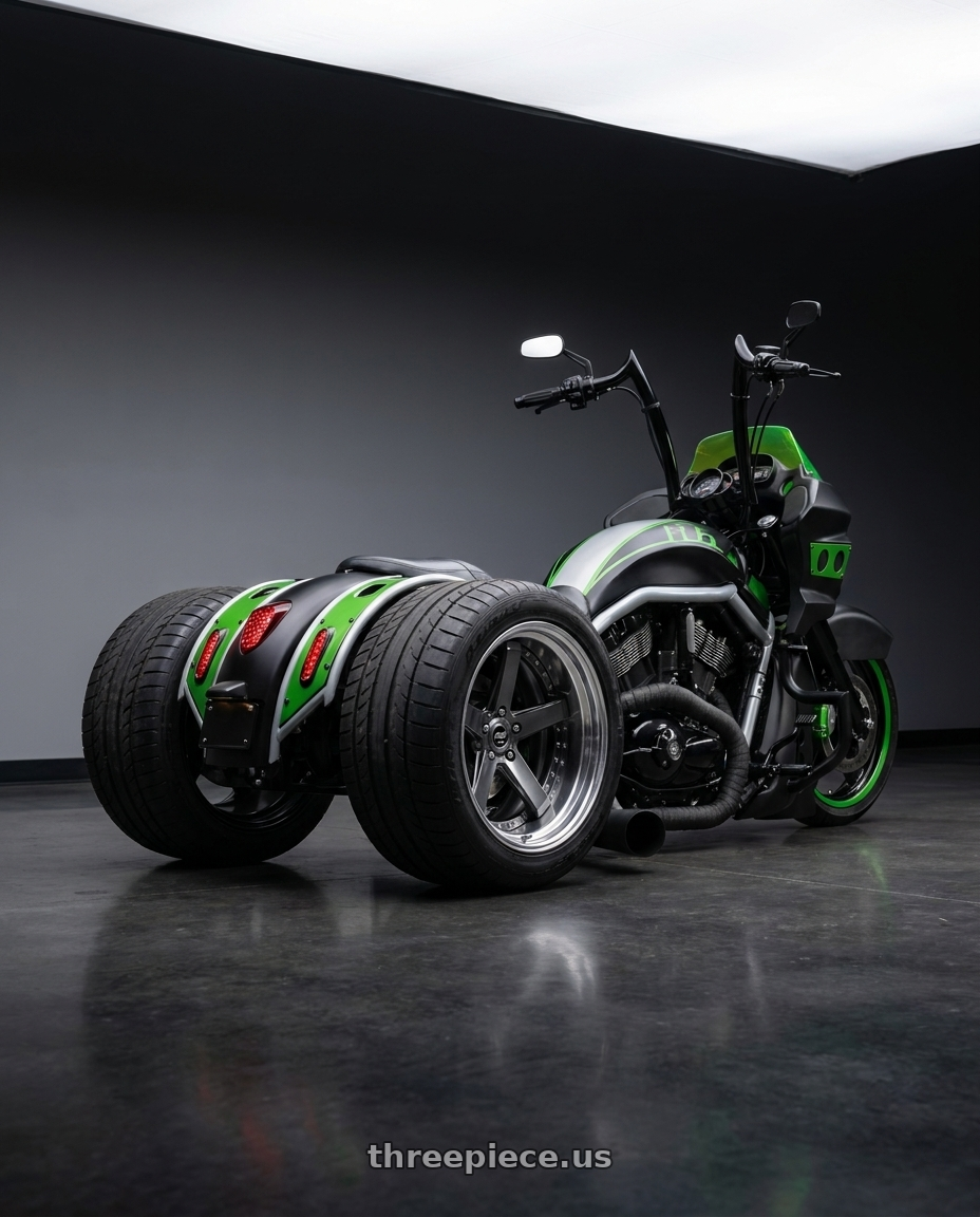 2002 custom trike with Work Zeast Black Label Bst2 5x100 19x9+0 H Disk Brilliant Silver Black wheels rear three quarter view excessive tires