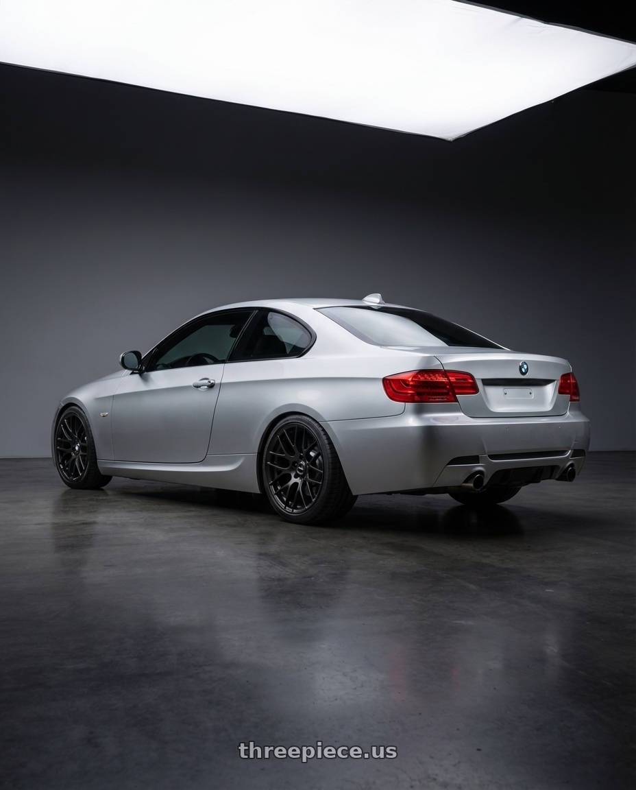 2012 BMW 3 Series E92 with Avant Garde Wheels M359 5X120 18x9.5 +22 Matte Black wheels rear three quarter view square tires