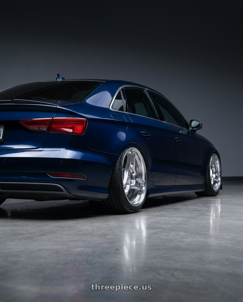 2018 audi a3 with Motegi KOJIN 5x114.3 18x8.5 +35 Polished wheels rear three quarter view square tires