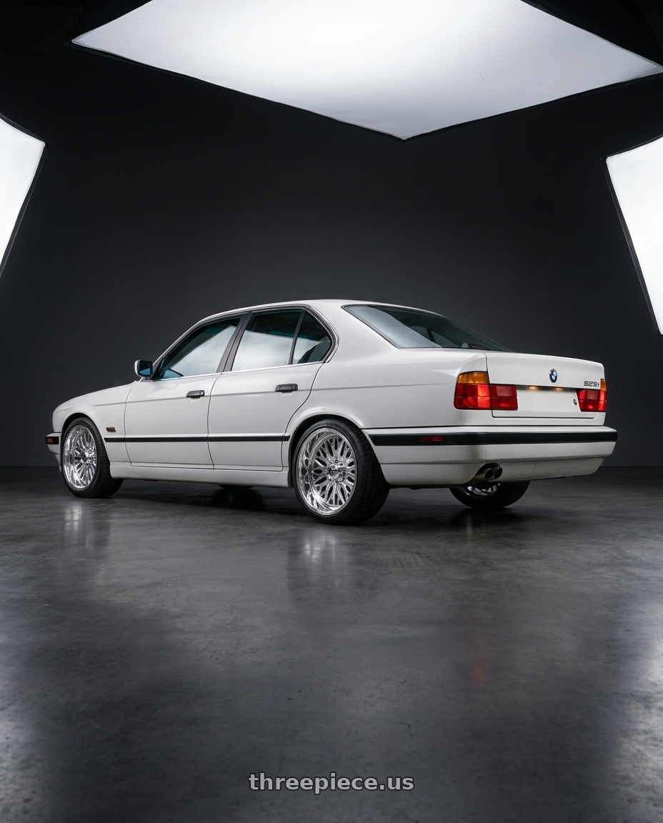1995 525i  bmw white  with Fuel Forged FF109 6x139.7 20x9 +0 POLISHED wheels rear three quarter view square tires