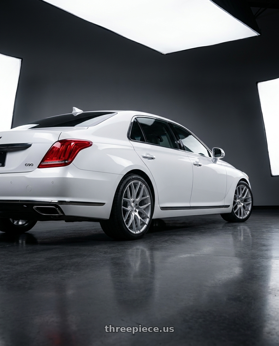 2018 genesis g90 ultimate with DOLCE PERFORMANCE MONZA 5x114.3 20x10 +40 Gloss Silver Machined Face wheels rear three quarter view square tires