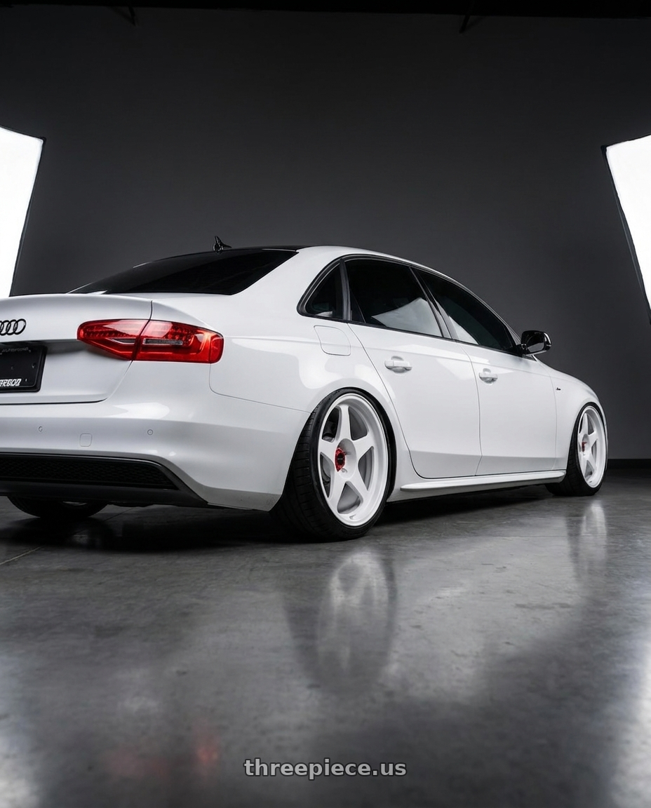 2014 audi a4 with R6061 Forged R1 5x112 18X8.5 +35 Championship White wheels rear three quarter view square tires