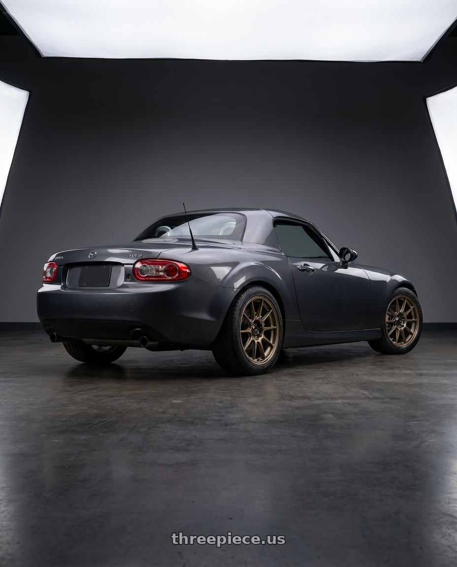 2014 Mazda MX-5 with Konig Dekagram 5x114.3 17x8+40 Gloss Bronze wheels rear three quarter view square tires