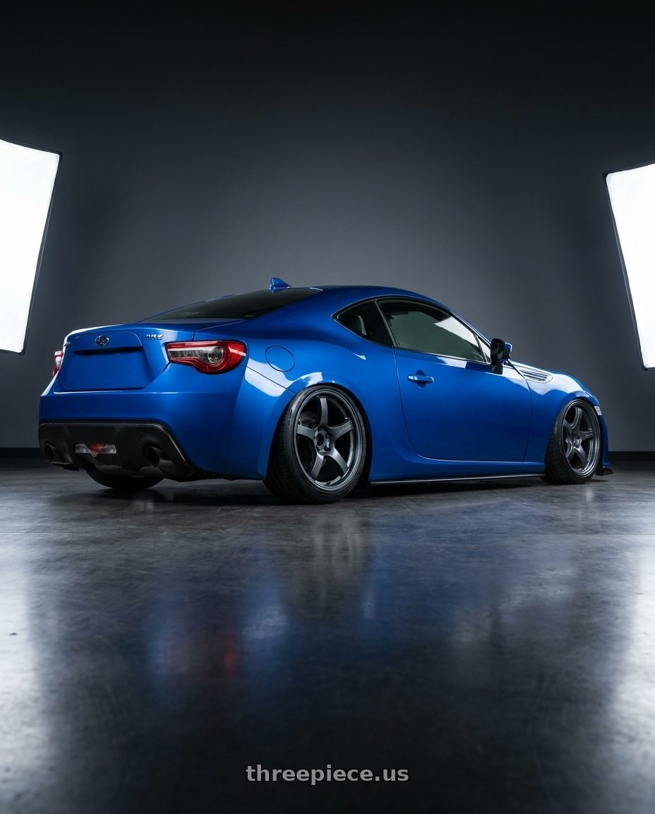 2017 Subaru BRZ with Gram Lights 57CR 5x100 18x7.5+50 Gunblue II wheels rear three quarter view slight stretch tires