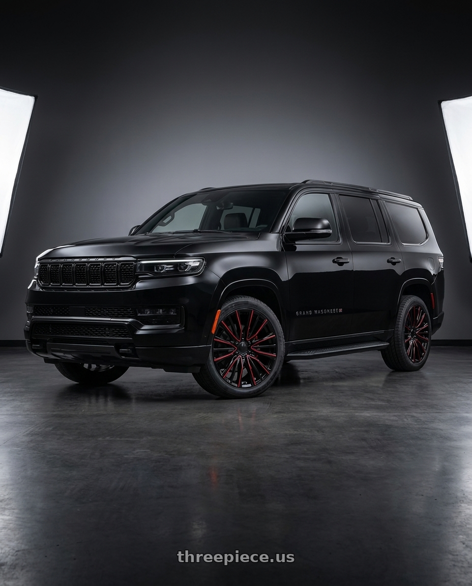 2026 jeep Grand wagoneer with Performance Replicas PR223 6X139.7 22x9 +28 Gloss Black Milled Red wheels