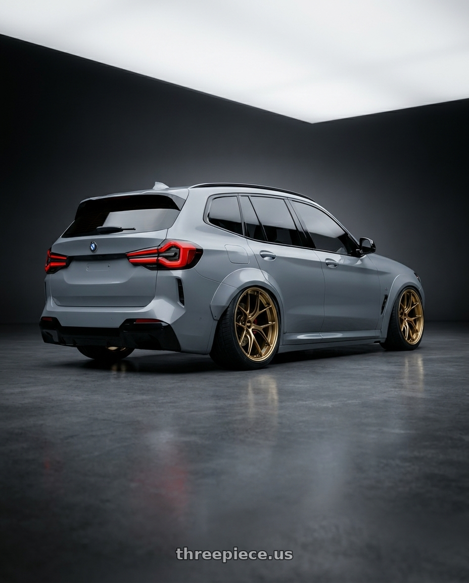 BMW 2025 X3 with BBS RI-D 5x112 21x10.5 +10 Diamond Gold wheels rear three quarter view extreme stretch tires