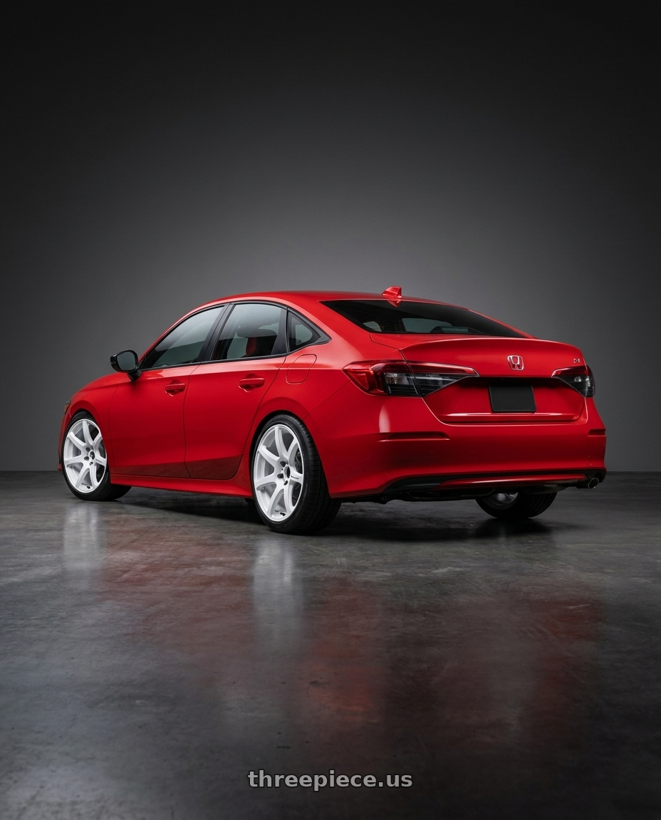 2026 Honda Civic Si with Work Emotion T7r 5x100 18x9.5 +38 White wheels rear three quarter view slight stretch tires