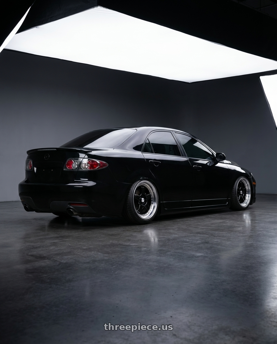 2006 Mazda, Mazdaspeed 6, Grand Touring, Black with Konig SSM 5x114.3 18x8+35 Gloss Black w/ Machined Lip wheels rear three quarter view slight stretch tires