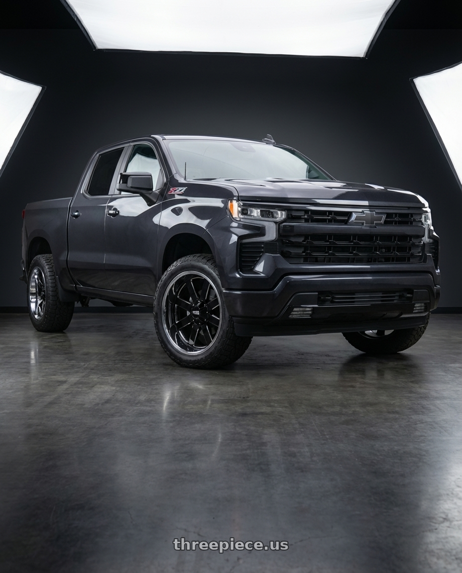 2023 Chevrolet Silverado 1500 with Moto Metal MO200 6X139.7 20X12 -44 GLOSS BLACK MILLED CENTER CHROME LIP wheels