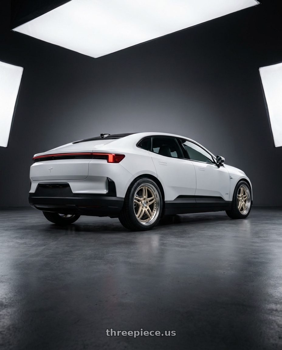 2026 Polestar 4 with Work Gnosis Cvx 5x108 21x9.5+45 W Disk Buff Finish wheels rear three quarter view square tires