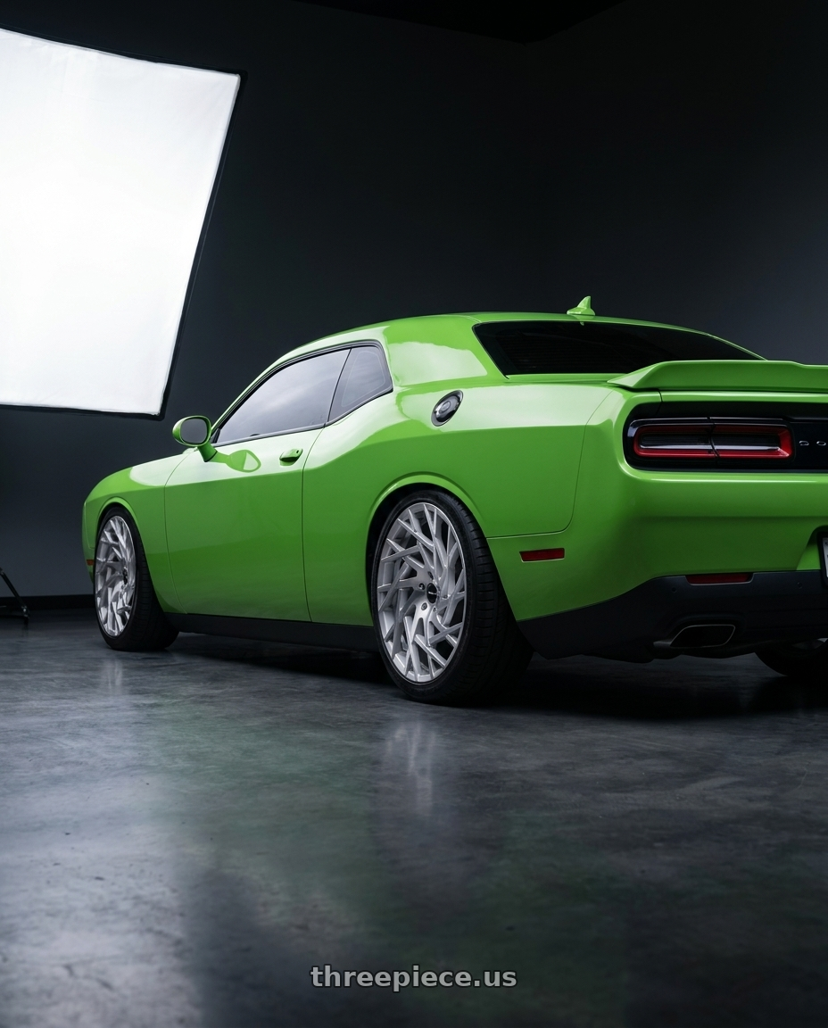 2023 dodge challenger with Strada Nido 5x115 22x9 +15 Brushed Face Silver wheels rear three quarter view square tires