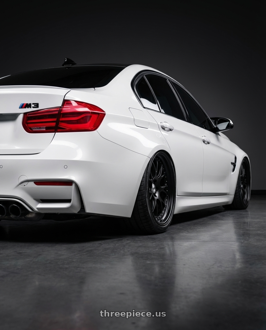 2018 BMW M3 with SSR Professor MS3 4x100 18x7+6 HP Disk Flat Black wheels rear three quarter view square tires