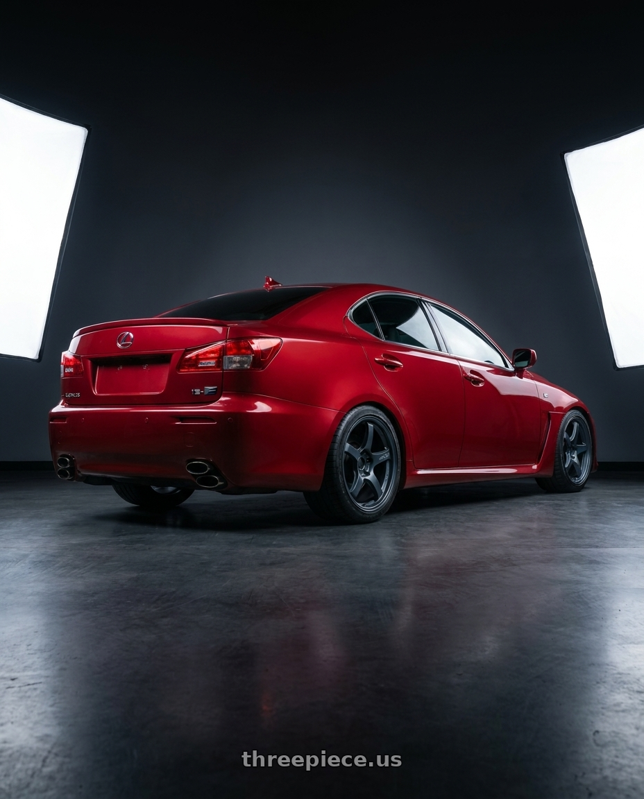 2012 Lexus IS-F with Gram Lights 57CR 5x114.3 19x10.5+35 Gunblue II wheels rear three quarter view square tires