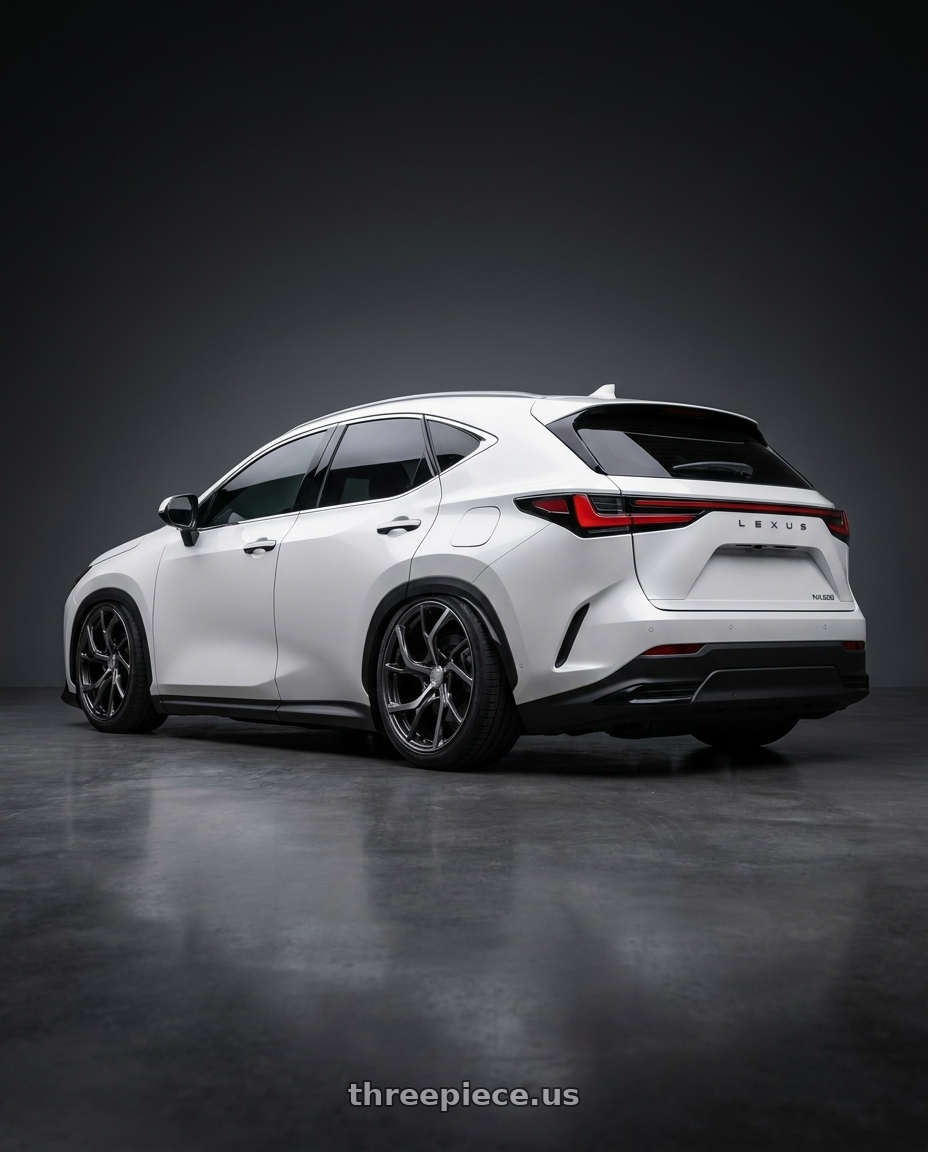 2023 Lexus nx200 white with Volk Racing VMF C-01 5x114.3 20x9 +25 SHINING BLACK METAL / DC* wheels rear three quarter view square tires