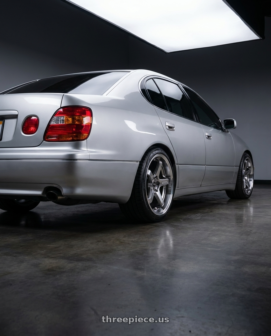 2001 Lexus Gs300 with F1R FC5 5x114 18x9.5 +38 Hyper Black/Polish Lip wheels rear three quarter view square tires