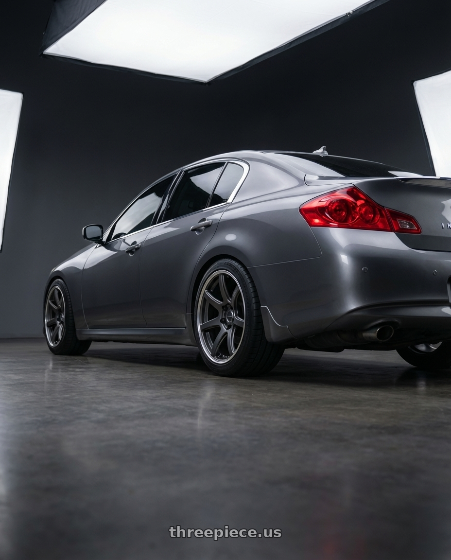 2012 infiniti g37 with Work Emotion T7R 2P wheels rear three quarter view square tires
