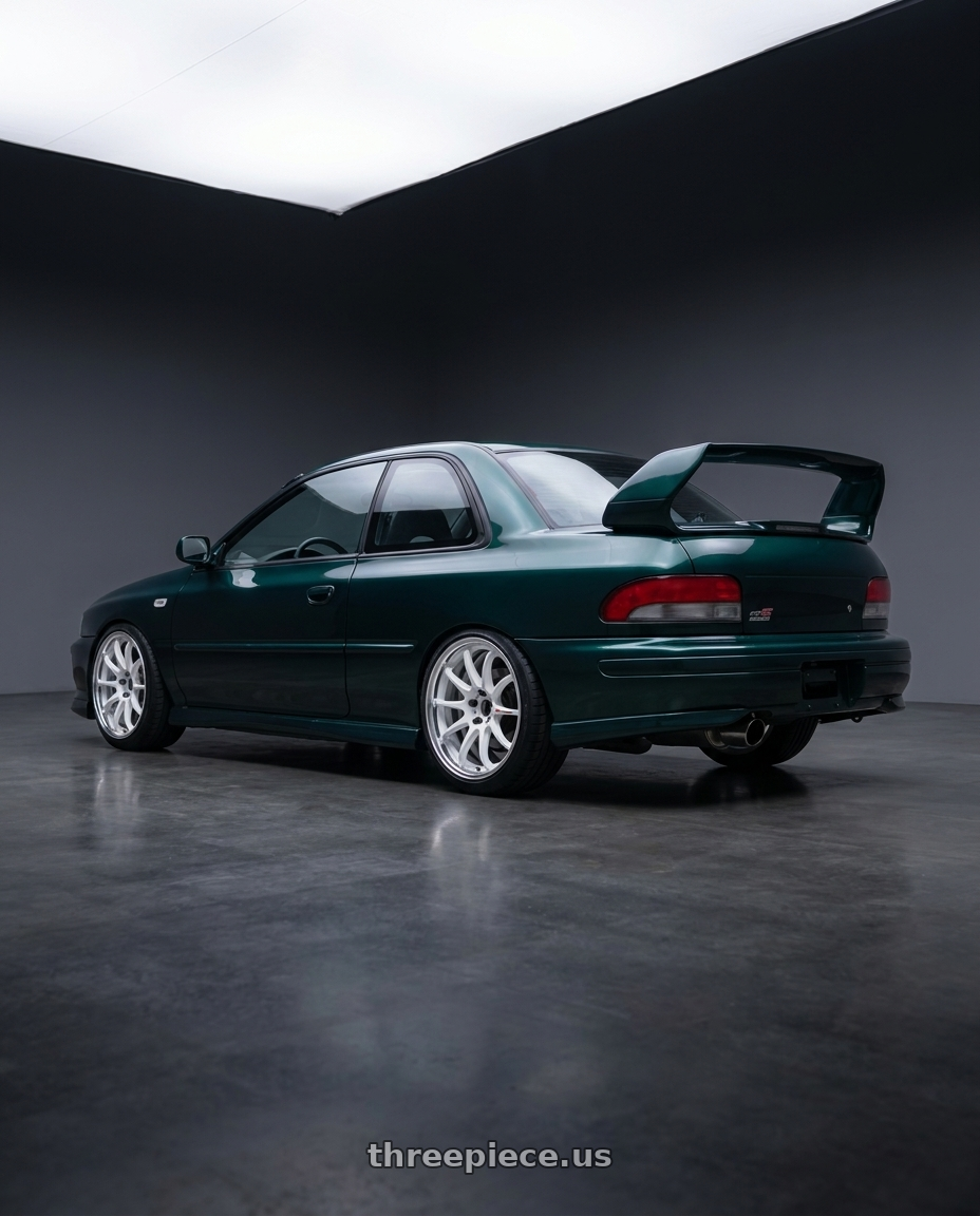 1998 impreza 2.5rs with Work Zr10 2P 5x100 18x7.5 +45 Azure White wheels rear three quarter view square tires