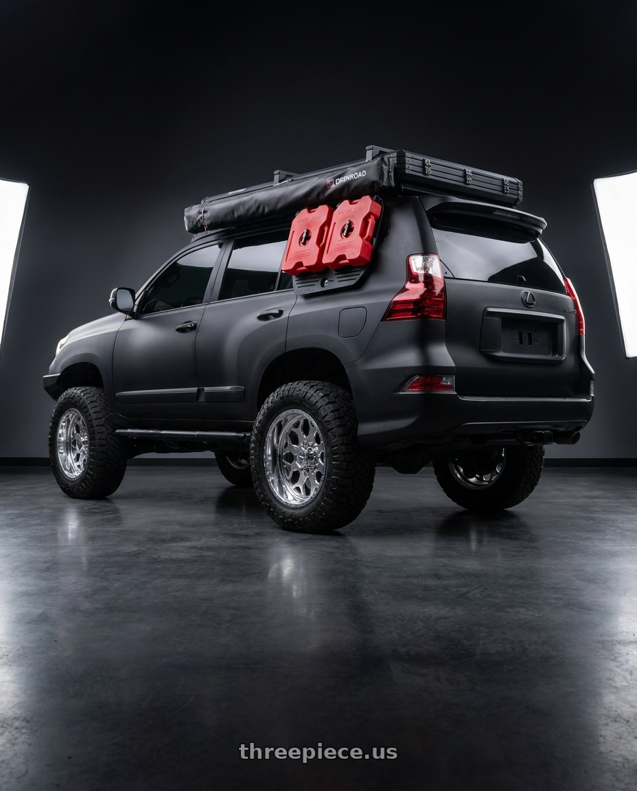 2012 Lexus gx460 with American Force N01 TERRA SS 6x139.7 20x9 0 Polished wheels rear three quarter view meaty tires