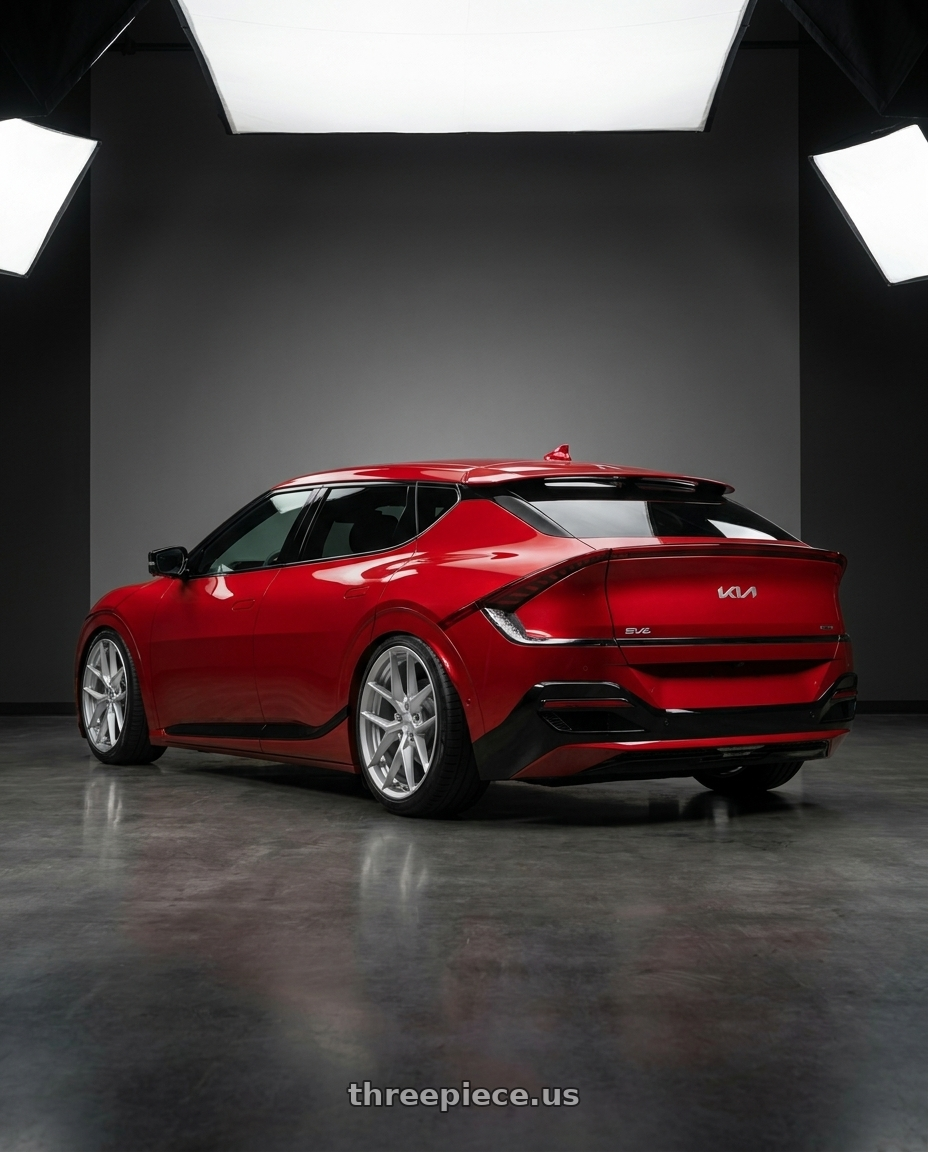 2022 Kia ev6 with Rotiform 1PC R133 FLG 5X114.3 19X8.5 +45 GLOSS SILVER wheels rear three quarter view slight stretch tires