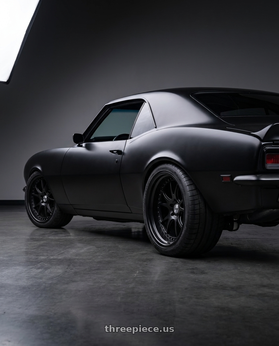 1968 Chevy Camaro with SSR Professor MS3 5x120.65 18x8.5+0 HP Disk Flat Black wheels rear three quarter view meaty tires