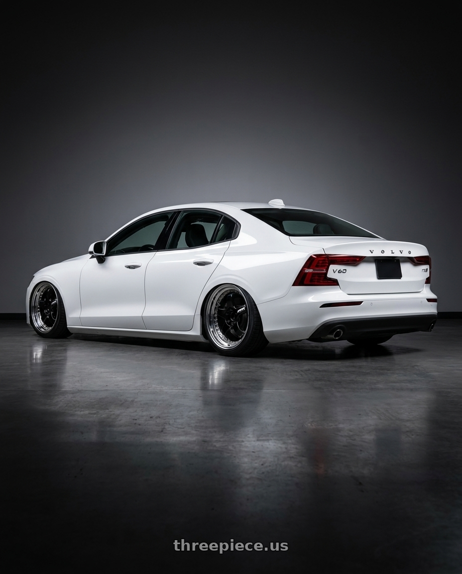 2020 Volvo V60 Momentum  with Work Meister S1 3P 5x108 18x8+43 R Disk Black wheels rear three quarter view square tires