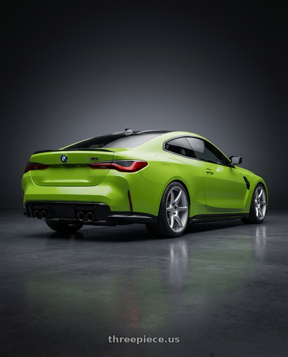 2024 BMW M4 G82 with Kansei K11S Tandem 5X112 19x10.5 22 Hyper Silver wheels rear three quarter view square tires