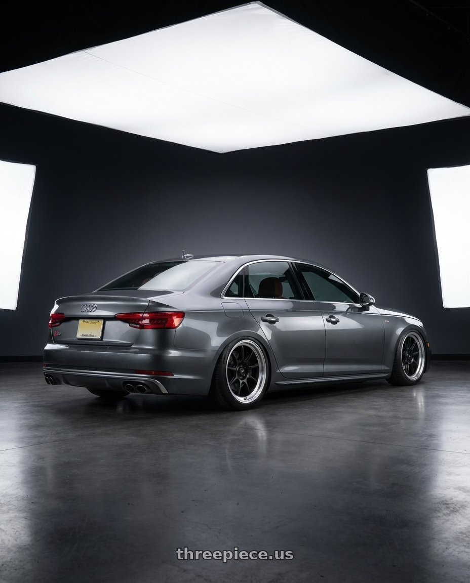 2015 Audi S4 B8.5 with Konig Countergram 5x112 19x9.5+30 Matte Black / Matte Machined Lip wheels rear three quarter view slight stretch tires