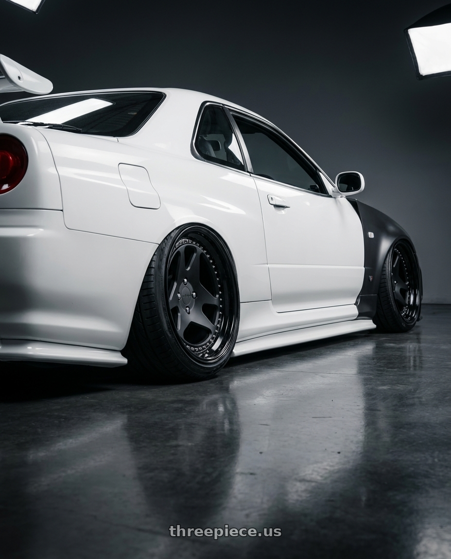 2002 Nissan Skyline R34 GTR with Rotiform 854 5x110 19x9 +34 MATTE BLACK wheels rear three quarter view extreme stretch tires