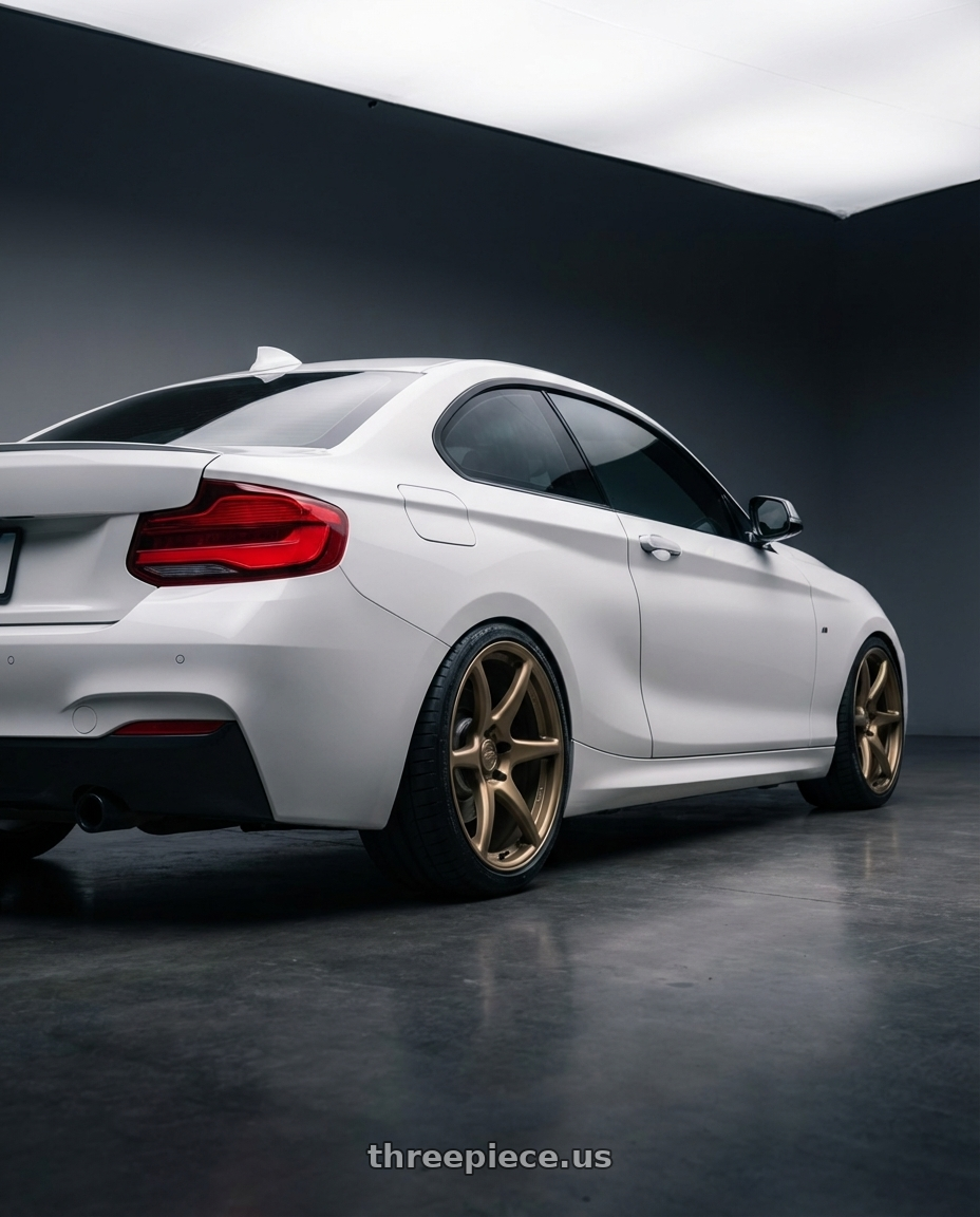 2018 BMW 2 Series F22 with Kansei K11B Tandem 5X120 18x8.5 35 Bronze wheels rear three quarter view square tires