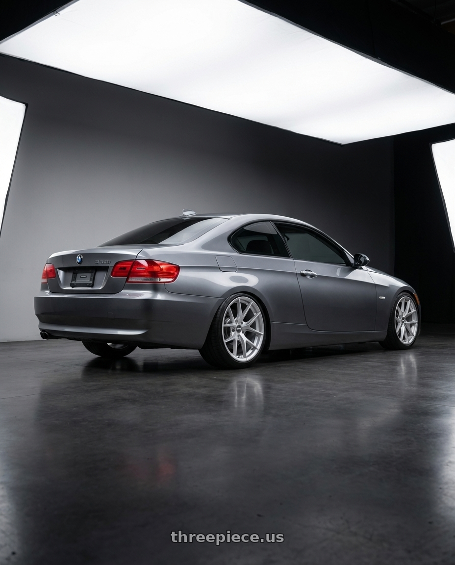 2008 E92 335i with ESR Wheels FORGETECH SERIES RF2 5x120 18x9.5 +22 Hyper Silver wheels rear three quarter view slight stretch tires