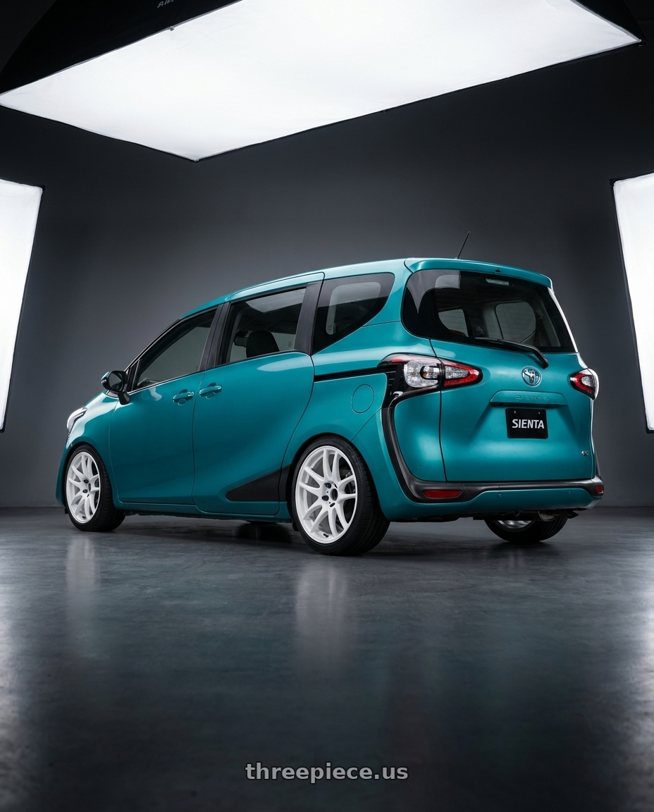2020 toyota sienta  with Work Emotion Cr Kiwami 4x100 16x5.5 +45 White wheels rear three quarter view square tires