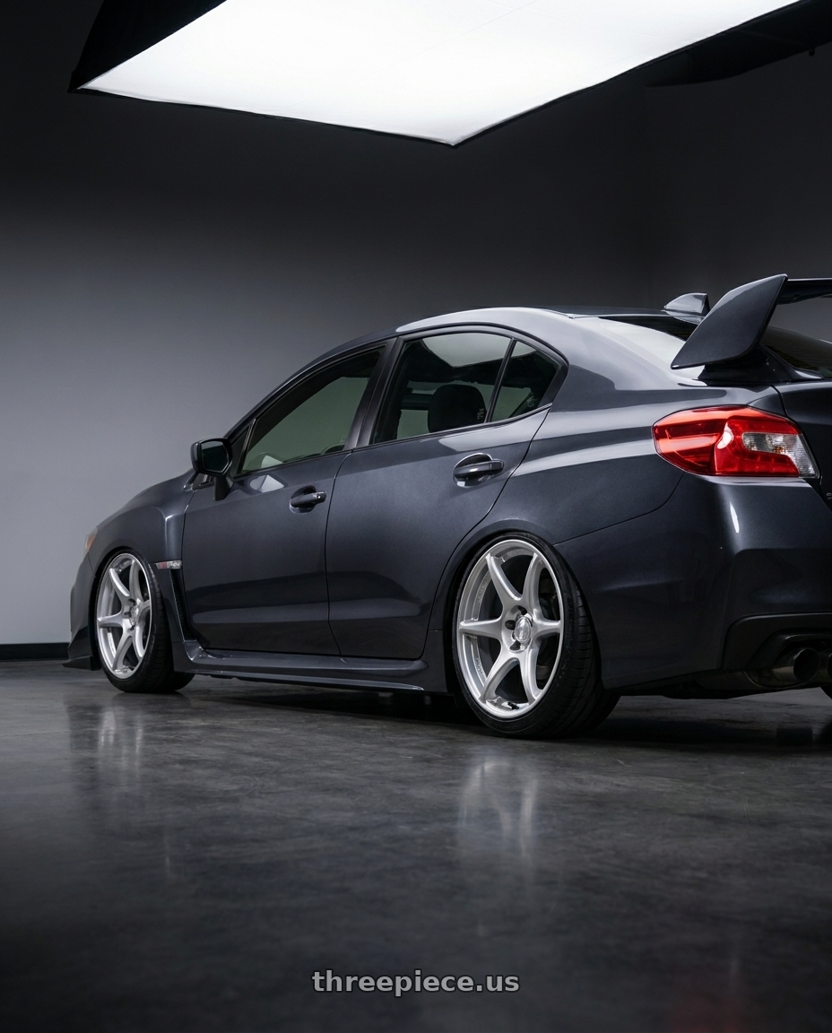 2018 Subaru Sti with Kansei K11S Tandem 5X112 19x9.5 22 Hyper Silver wheels rear three quarter view slight stretch tires