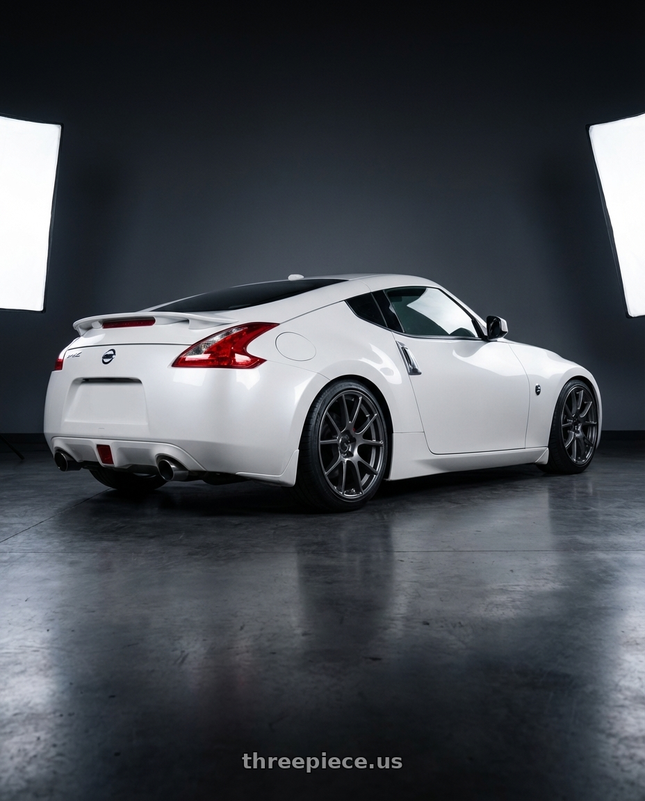 2019 Nissan 370Z with Ssr Gtv04 5x114.3 19×8.5x8.5+45  METALLIC GRAY wheels rear three quarter view square tires