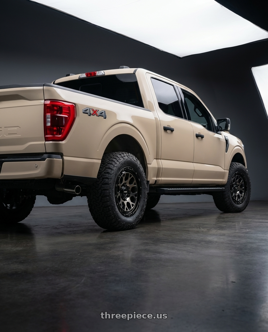 2025 Ford F150 with Volk Racing RAYS M9 5x127 17x7 +40 BLACK/DISK CLEAR SMOKE wheels rear three quarter view meaty tires