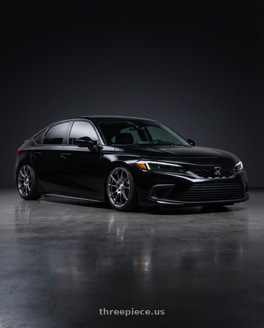 2023 Honda Civic Hatchback with WedsSport SA-25R 5x114.3 18x9.5+38 Platinum Silver Black wheels front three quarter view slammed stance