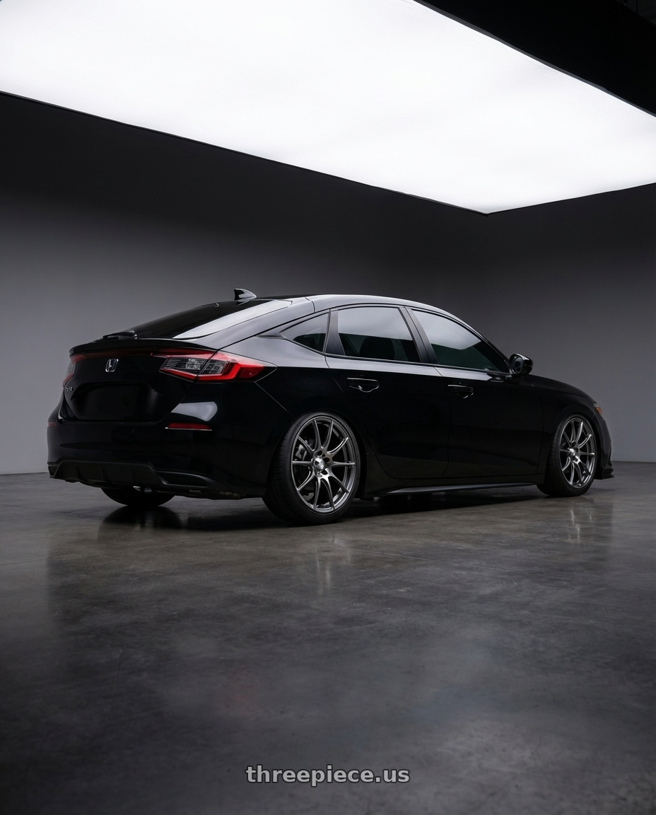 2023 Honda Civic Hatchback with WedsSport SA-25R 5x114.3 18x9.5+38 Platinum Silver Black wheels rear three quarter view slight stretch tires