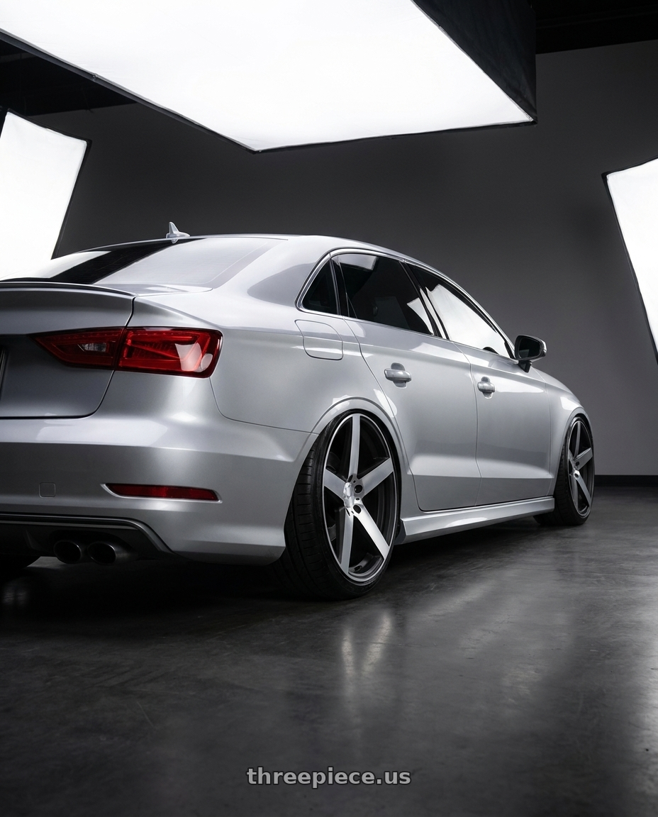 2016 Audi S3 with RAVETTI M13 5X112 20x10 +40 SATIN BLACK MACHINED wheels rear three quarter view extreme stretch tires