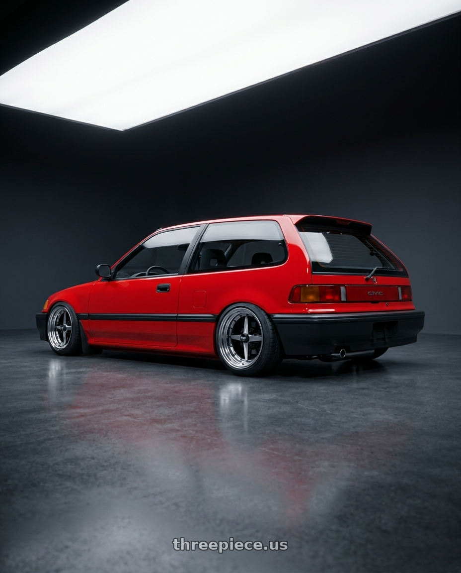 1991 HONDA CIVIC with Equip 01 Black Polish 4x100 15x8.5 +29 wheels rear three quarter view square tires