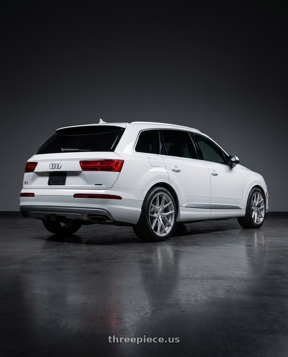 2017 Audi Q7 with Avant Garde Wheels M580 5X112 20x10 +25 Satin Silver wheels rear three quarter view square tires