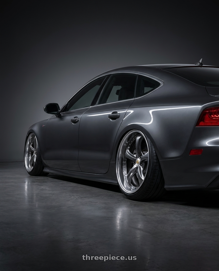 2013 Audi a7 with Work Wheels VS-KF 5x112 20x9.5+34 Brilliant Silver Black A Disk STEP RIM wheels rear three quarter view extreme stretch tires