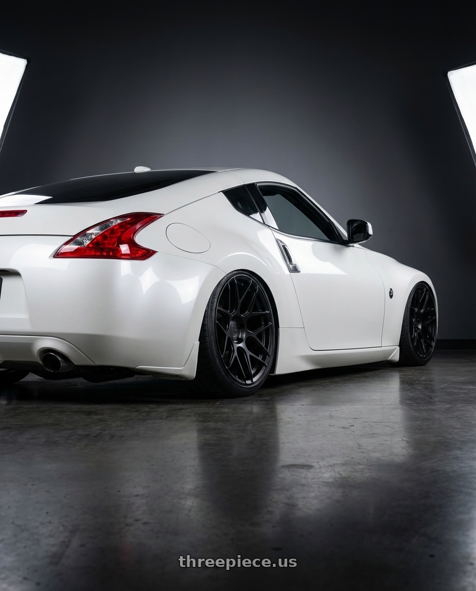 2019 Nissan 370Z with Aodhan AFF2 5x114.3 19x9.5+35 Matte Black wheels rear three quarter view slight stretch tires