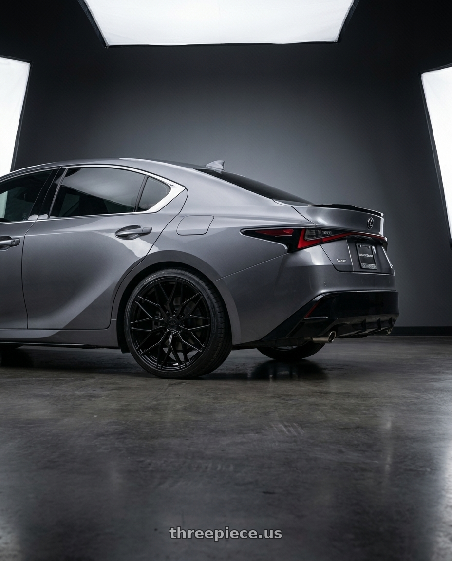 2021 Lexus IS350 F Sport with Avant Garde Wheels M520R 5X114.3 20x9 +32 Gloss Black wheels rear three quarter view square tires